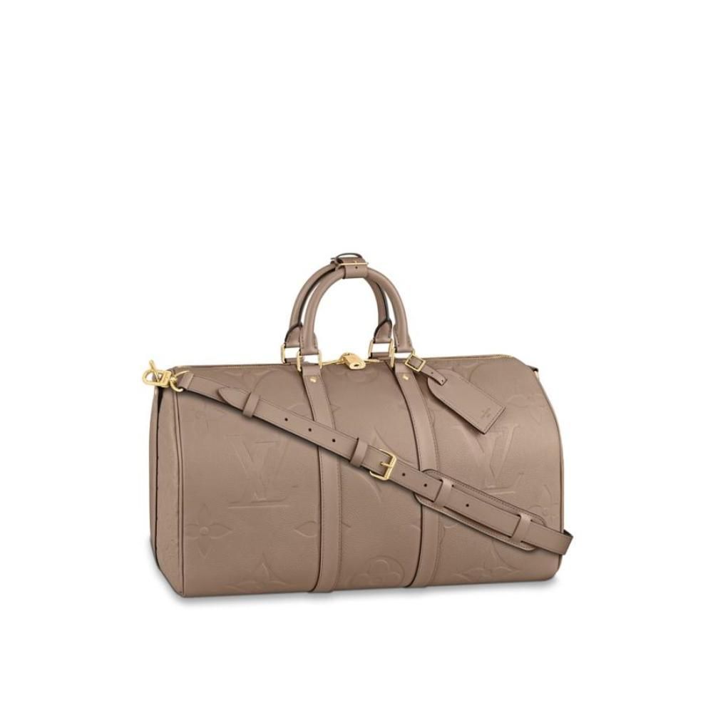 Keepall Boston Bag Greige Gold Monogram Implant Giant Leather Beige